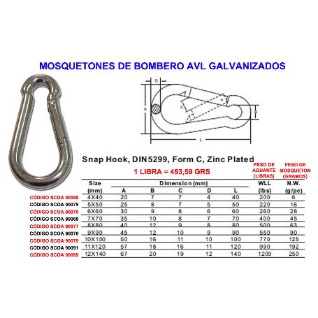 MOSQUETONES BOMBERO AVL DE   8X  80 GALVANIZADO (CAJA 25 UNIDADES)