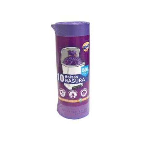 ROLLO 10 BOLSA BASURA PARA CUBOS DOMESTICOS GRANDES, AUTOCIERRE 70X75  50 LTS COLOR  LILA LUXURY