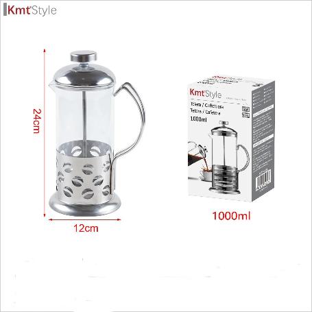 1000 ML. TETERA CAFETERA EMBOLO GRANDE TIPO FRANCES  CON ASA Y SOPORTE ACERO INOXIDABLE KMT STYLE
