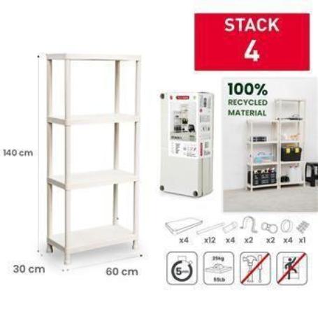 ESTANTERIA STACK 4 BALDAS BLANCAS 140X60X30 SIN TORNILLOS FACIL MONTAJE 100% MATERIAL RECICLADO