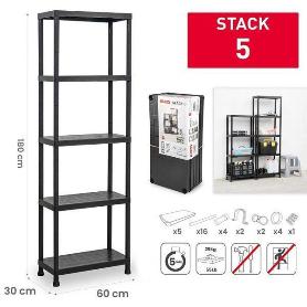 ESTANTERIA STACK NEGRA 5 BALDAS 180X60X30 FACIL MONTAJE SIN TORNILLOS NI HERRAMIENTAS