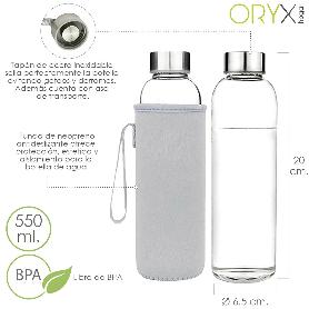 BOTELLA AGUA CRISTAL 550 ML. FUNDA NEOPRENO CON ASA. SIN BPA