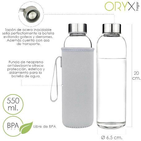 BOTELLA AGUA CRISTAL 550 ML. FUNDA NEOPRENO CON ASA. SIN BPA