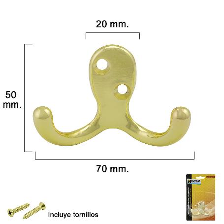 GANCHO DOBLE LATONADO PARA ATORNILLAR CON TORNILLOS INCLUIDOS.