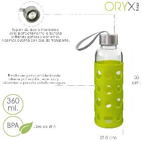 BOTELLA AGUA DE CRISTAL, CAPACIDAD DE 360 ML. LIBRE BPA, CON FUNDA GOMA Y TAPON ANTIGOTAS