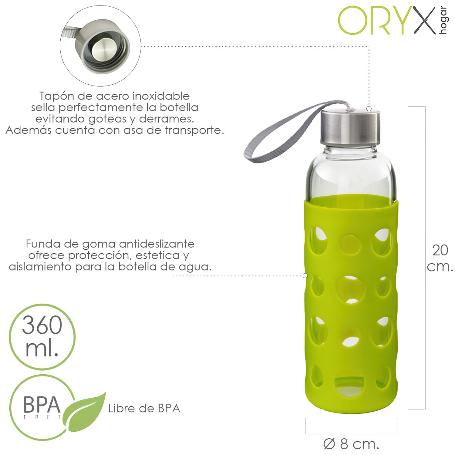 BOTELLA AGUA DE CRISTAL, CAPACIDAD DE 360 ML. LIBRE BPA, CON FUNDA GOMA Y TAPON ANTIGOTAS