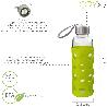 BOTELLA AGUA DE CRISTAL, CAPACIDAD DE 360 ML. LIBRE BPA, CON FUNDA GOMA Y TAPON ANTIGOTAS