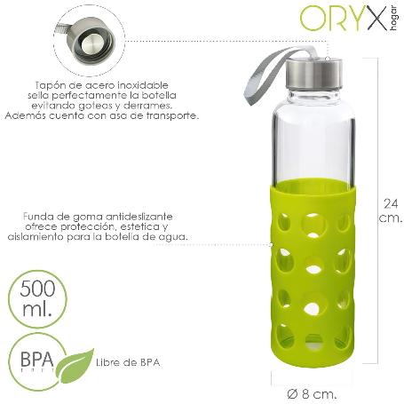 BOTELLA AGUA FABRICADA EN CRISTAL CON FUNDA DE GOMA Y TAPON ANTIGOTAS, 500ML, LIBRE DE BPA