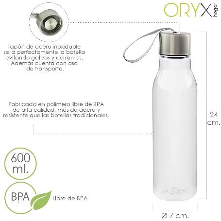 BOTELLA AGUA, CAPACIDAD DE 600 ML. PLASTICO LIBRE BPA, CON ASA, TAPON ACERO INOXIDABLE.