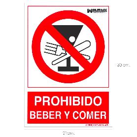 CARTEL PROHIBIDO BEBER Y COMER 30X21CM.