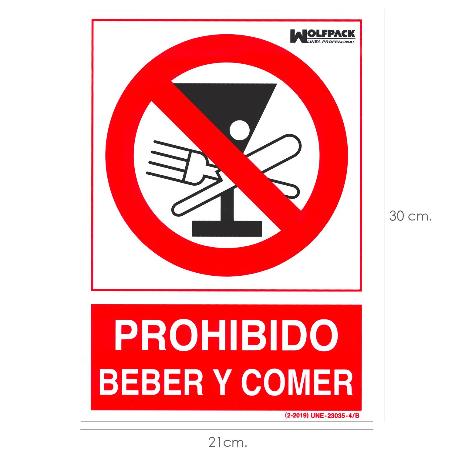 CARTEL PROHIBIDO BEBER Y COMER 30X21CM.