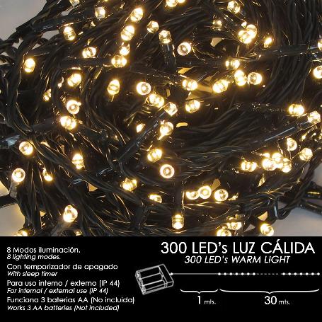 LUCES NAVIDAD A PILAS 300 LEDS LUZ CALIDA INTERIOR / EXTERIOR (IP44)