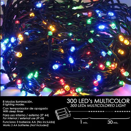 LUCES NAVIDAD A PILAS 300 LEDS MULTICOLOR INTERIOR / EXTERIOR (IP44)