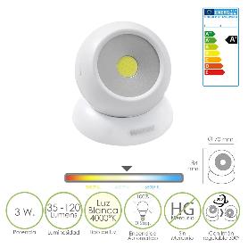 LINTERNA LED ARMARIO ESFERA A PILAS (3 AAA) 120 LUMENES AJUSTABLE 300º CON IMAN Y ADHESIVO.