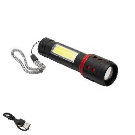 LINTERNA LED DE MANO METALICA BATERIA RECARGABLE (1.200 MAH) LUZ FRONTAL / LATERAL HASTA 300 LUMENES 5 WATT. CON FU