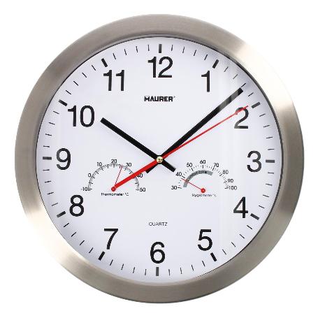 RELOJ DE PARED Ø 30 CM. CON HIGROMETRO Y TERMOMETRO. FRONTAL EN ACERO