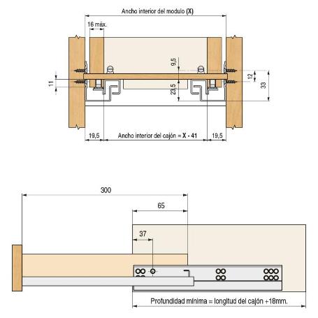 GUIA OCULTA METROPUSH EXTRACCIÓN PARCIAL 300MM ZINCADO LARGO GUIA LARGO 400MM