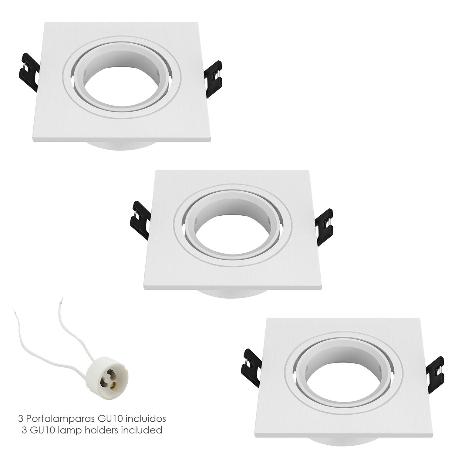 ARO FOCO EMPOTRABLE REGULABLE CON PORTALAMPARAS PARA BOMBILLAS GU10. 93 X 93 X 25 MM. BOMBILLA VISTA. PACK DE 3 UNI