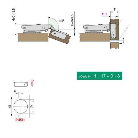 BISAGRA TIGRA Ø35 PUSH SLIDE-ON CODO SUPERACODADO