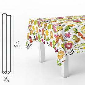 MANTEL HULE RECTANGULAR FRUTAS FANTASIA. IMPERMEABLE ANTIMANCHAS PVC 140 CM. X 20 METROS. ROLLO RECORTABLE. INTERIO