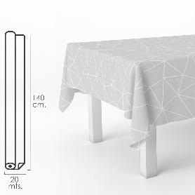 MANTEL HULE RECTANGULAR GEOMETRICO GRIS. IMPERMEABLE ANTIMANCHAS PVC 140 CM. X 20 METROS. ROLLO RECORTABLE. INTERIO