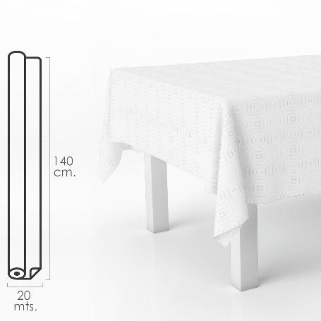 MANTEL HULE MULETÓN BLANCO RECTANGULAR. IMPERMEABLE ANTIMANCHAS PVC 140 CM. X 20 METROS. ROLLO RECORTABLE. INTERIOR