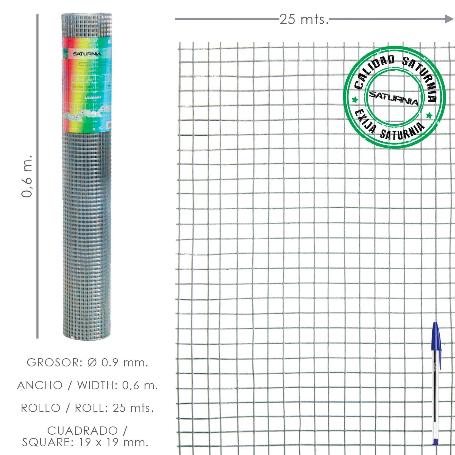 MALLA ELECTROSOLDADA LIGERA GALVANIZADA 19X19 ALTO 60 CM. ROLLO 25 METROS USO DOMESTICO