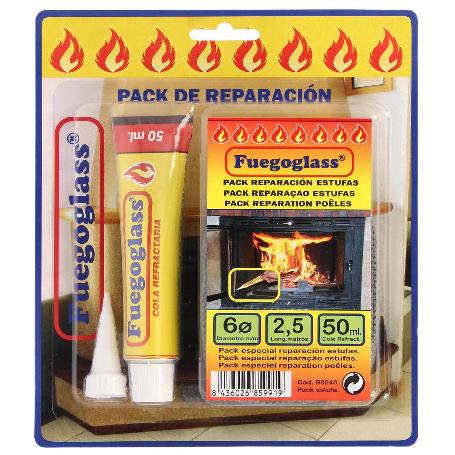 KIT REPARACION ESTUFAS/CHIMENEAS, COLA REFRACTARIA Y CORDON FIBRA VIDRIO 6 MM. X 2,5 M.