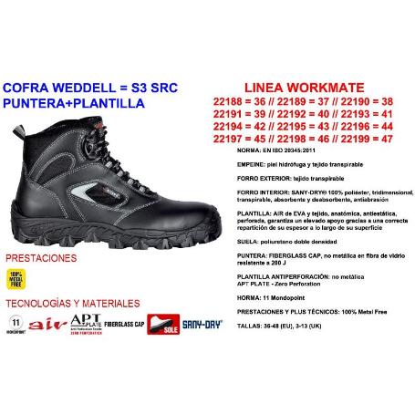 BOTA PIEL COFRA  WEDDELL S3 PUNTERA Y PLANTILLA NO METALICA TALLA 39-46 T/CALZADO NUMERO 40