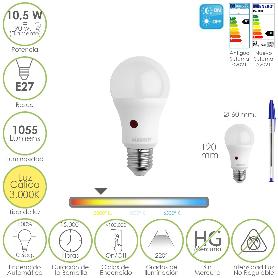 BOMBILLA LED ESFERA CON SENSOR CREPUSCULAR. ROSCA E27. 10.5 WATT. EQUIVALE A 90 WATT. 1055 LUMENES. LUZ CALIDA 3000