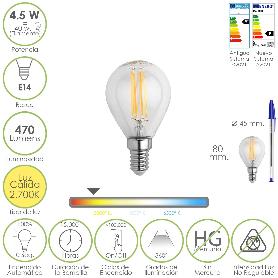 BOMBILLA LED FILAMENTO ESFERA ROSCA E14. 4,5 WATT. EQUIVALE A 40 WATT. 470 LUMENES. LUZ CÁLIDA (2700º K.)