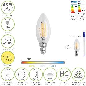 BOMBILLA LED FILAMENTO VELA ROSCA E14. 4,5 WATT. EQUIVALE A 40 WATT. 470 LUMENES. LUZ CÁLIDA (2700º K.)