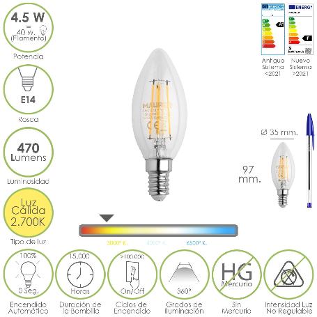 BOMBILLA LED FILAMENTO VELA ROSCA E14. 4,5 WATT. EQUIVALE A 40 WATT. 470 LUMENES. LUZ CÁLIDA (2700º K.)