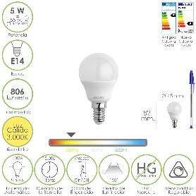 BOMBILLA LED ESFERICA ROSCA E14. 5 WATT. EQUIVALE A 55 WATT. 806 LUMENES. REGULABLE LUZ CÁLIDA (3000º K.)