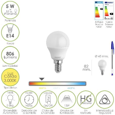 BOMBILLA LED ESFERICA ROSCA E14. 5 WATT. EQUIVALE A 55 WATT. 806 LUMENES. REGULABLE LUZ CÁLIDA (3000º K.)