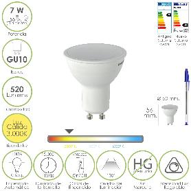 BOMBILLA LED DICROICA ROSCA GU10.  7 WATT. EQUIVALE A 55 WATT. 520 LUMENES. REGULABLE LUZ CÁLIDA (3000º K.)