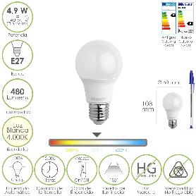 BOMBILLA LED ESTANDAR ROSCA E27. 4.9 WATT. EQUIVALE A 40 WATT. 480 LUMENES. LUZ BLANCA (4000º K.)