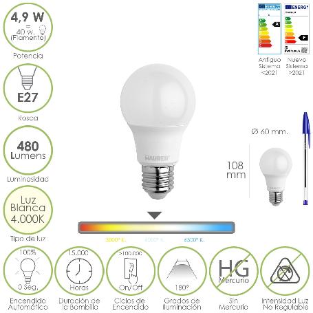 BOMBILLA LED ESTANDAR ROSCA E27. 4.9 WATT. EQUIVALE A 40 WATT. 480 LUMENES. LUZ BLANCA (4000º K.)