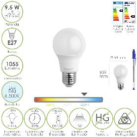 BOMBILLA LED ESTANDAR ROSCA E27. 9.5 WATT. EQUIVALE A 75 WATT. 1055 LUMENES. LUZ FRÍA (6500º K.)