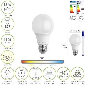 BOMBILLA LED ESTANDAR ROSCA E27. 16 WATT. EQUIVALE A 130 WATT. 1901 LUMENES. LUZ BLANCA 4000º K.)