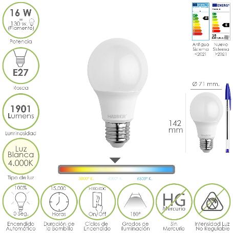 BOMBILLA LED ESTANDAR ROSCA E27. 16 WATT. EQUIVALE A 130 WATT. 1901 LUMENES. LUZ BLANCA 4000º K.)