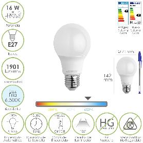 BOMBILLA LED ESTANDAR ROSCA E27. 16 WATT. EQUIVALE A 130 WATT. 1901 LUMENES. LUZ FRÍA 6500º K.)