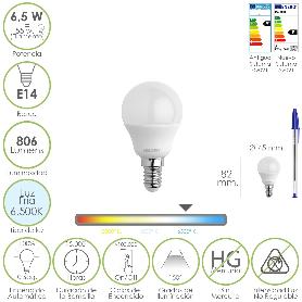 BOMBILLA LED ESFERA ROSCA E14. 6.5 WATT. EQUIVALE A 55 WATT. 806 LUMENES. LUZ FRÍA 6500º K.