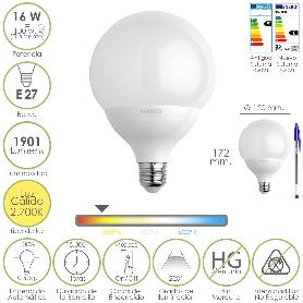 BOMBILLA LED GLOBO ROSCA E27. 16 WATT. EQUIVALE A 130 WATT. 1901 LUMENES. LUZ CÁLIDA (2700º K.)