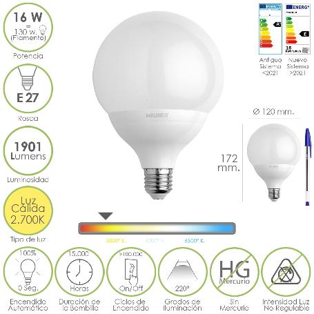 BOMBILLA LED GLOBO ROSCA E27. 16 WATT. EQUIVALE A 130 WATT. 1901 LUMENES. LUZ CÁLIDA (2700º K.)