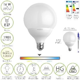 BOMBILLA LED GLOBO ROSCA E27. 16 WATT. EQUIVALE A 130 WATT. 1901 LUMENES. LUZ BLANCA (4000º K.)