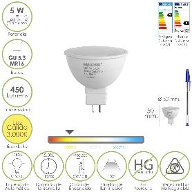 BOMBILLA LED DICROICA ROSCA GU 5.3 / MR16. 5 WATT. EQUIVALE A 40 WATT. 405 LUMENES. LUZ CÁLIDA (3000º K.)