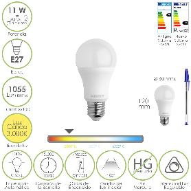 BOMBILLA LED ESTANDAR ROSCA E27. 11 WATT. EQUIVALE A 90 WATT. 1055 LUMENES. LUZ CALIDA (3000º K.) DIMERABLE