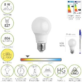 BOMBILLA LED ESTANDAR ROSCA E27. 8 WATT. EQUIVALE A 65 WATT. 806 LUMENES. LUZ CALIDA (2700º K.)