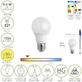 BOMBILLA LED ESTANDAR ROSCA E27. 9.5 WATT. EQUIVALE A 75 WATT. 1055 LUMENES. LUZ CÁLIDA (2700º K)